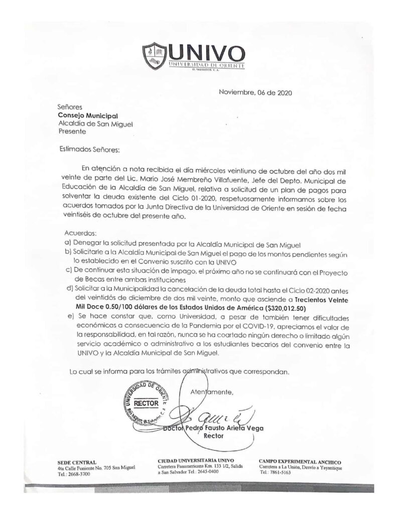 Estudios de jóvenes migueleños en riesgo tras deuda de millón del Alcalde Miguel Pereira a universidades